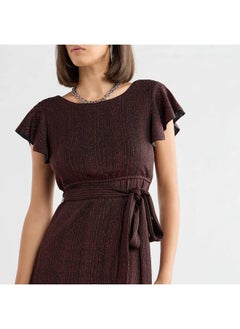 FAV Textured Midi Dress with Flutter Sleeves and Tie-Up Belt  - Image 4