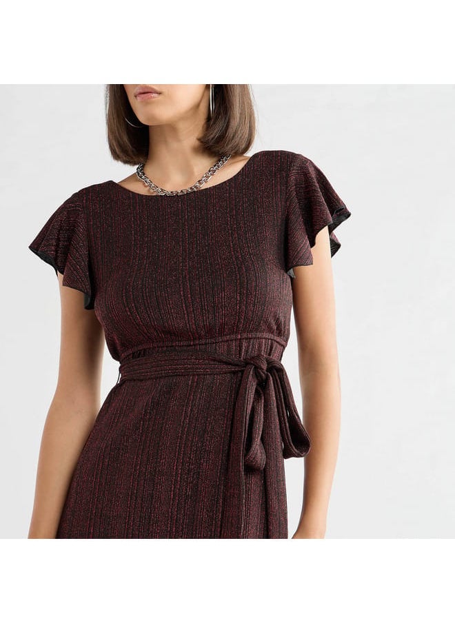 FAV - Textured Midi Dress with Flutter Sleeves and Tie-Up Belt - Image 1