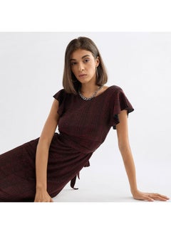 FAV Textured Midi Dress with Flutter Sleeves and Tie-Up Belt  - Image 1