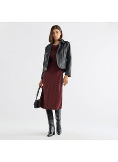 FAV Textured Midi Dress with Flutter Sleeves and Tie-Up Belt  - Image 2