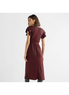 FAV Textured Midi Dress with Flutter Sleeves and Tie-Up Belt  - Image 3