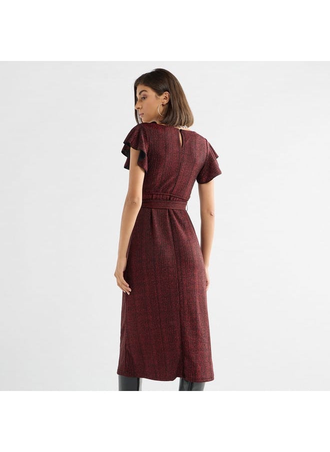 FAV - Textured Midi Dress with Flutter Sleeves and Tie-Up Belt - Image 1