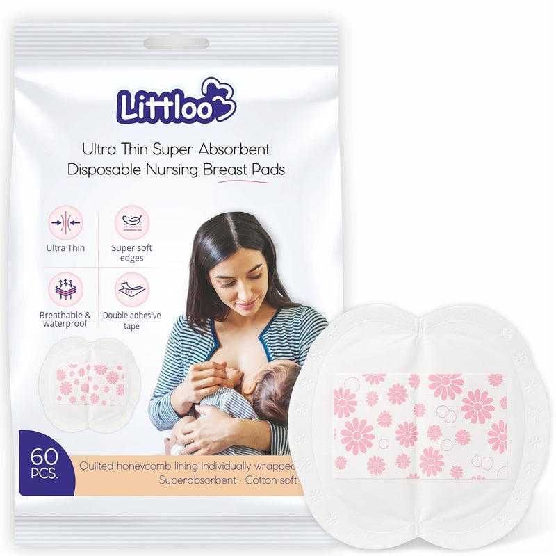 Littloo Ultra Thin Disposable Nursing Breast Pads (Pack of 60) | Super Absorbent, Individually Wrapped, Leak-Proof & Soft | Lightweight, Waterproof & Breathable - Image 1