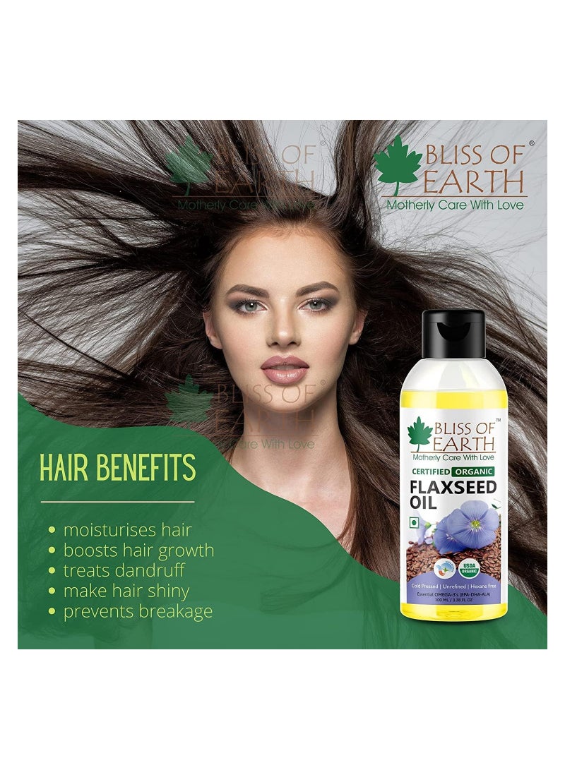 بليس اوف ايرث Bliss of Earth 100 مللي زيت بذور الكتان نقي طبيعي عضوي نباتي أساس أوميغا غني بالضغط على البارد خالٍ من الهكسان لشعر وبشرة صحية عبوة من 2 - Image 3