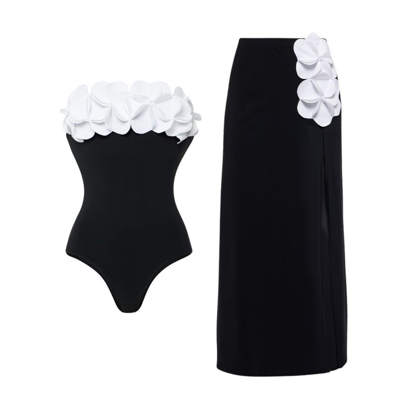 3D Flower Tube Top Stereo Flower One-Shoulder One-Piece Swimsuit Skirt Suit 2024 Swimsuit New Style - Image 1