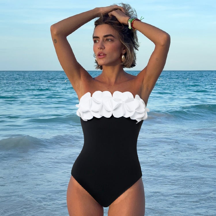 3D Flower Tube Top Stereo Flower One-Shoulder One-Piece Swimsuit Skirt Suit 2024 Swimsuit New Style - Image 5