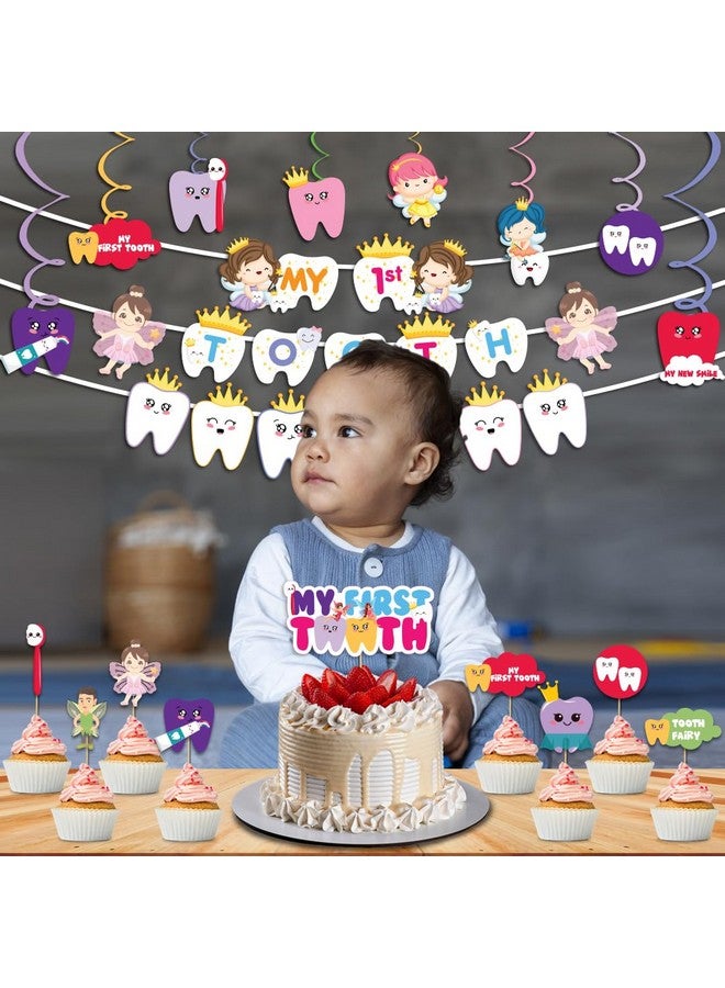 فيستيكو مجموعة تزيين أسناني الأولى من Festiko® - ٢٦ قطعة (لافتة + زخارف حلزونية + زينة كعكة وكب كيك)، زينة أسنان الطفل الأولى، زينة جلسة تصوير الأسنان الأولى - Image 3