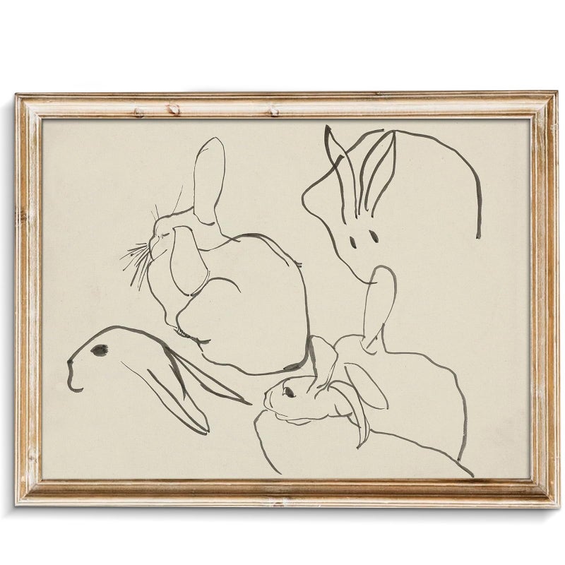 Uniro Abstract Easter Bunnies Wall Art Decor Animal Rabbit Drawing Detching Rustic Picture Vintage Farmhouse Decest Deceth Bunny Drawing Middleist Mid Century Country Room Decor - Image 1