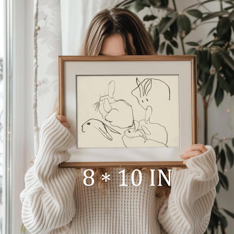 Uniro Abstract Easter Bunnies Wall Art Decor Animal Rabbit Drawing Detching Rustic Picture Vintage Farmhouse Decest Deceth Bunny Drawing Middleist Mid Century Country Room Decor - Image 3