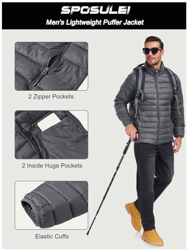 SPOSULEI Mens Puffer Down Jacket Quilted Winter Insulated Packable Jackets Coats Lightweight Water Repellent Outdoor Warm Ski Snow Jacket Outerwear DarkGrey S - Image 5
