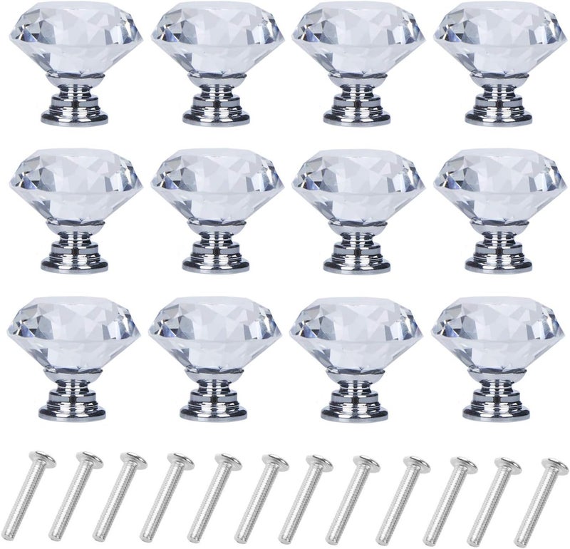 YourGift 12 Pack Drawer Knobs Diamond Shaped Crystal Glass 30mm Cabinet Knobs Pull Handles (Silver) - Image 1