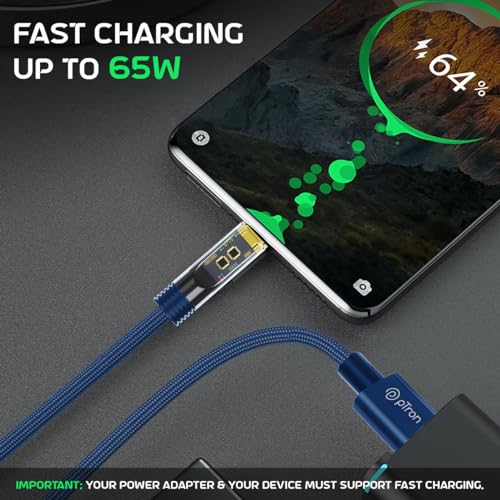 pTron Solero 65W USB to Type-C Super Fast Charging USB Cable Compatible with Samsung,OnePlus,Oppo,Vivo,Xiaomi,Realme & Other Type-C Devices, Unbreakable Nylon Braid, 480Mbps Data Sync (1m, Bold Blue) - Image 2