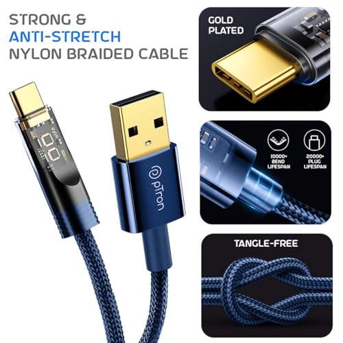 pTron Solero 65W USB to Type-C Super Fast Charging USB Cable Compatible with Samsung,OnePlus,Oppo,Vivo,Xiaomi,Realme & Other Type-C Devices, Unbreakable Nylon Braid, 480Mbps Data Sync (1m, Bold Blue) - Image 5