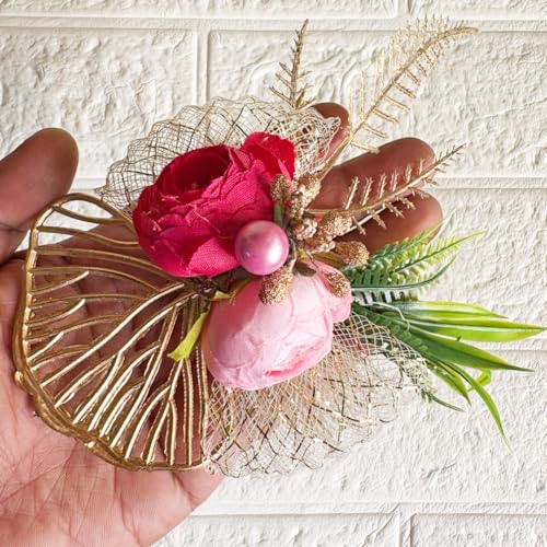 ADIKALA Artificial 2 Peonies Golden Leaf Flower Bunch for Hamper, Flower Brooch Hamper for Decoration, Gifting, Trousseau Packing | Flower Bunch (6, Rani) - Image 1