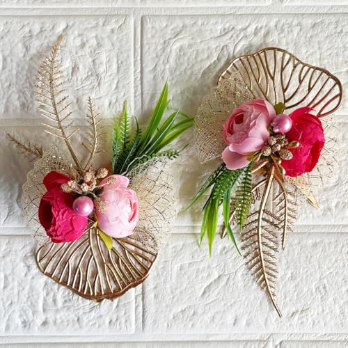 ADIKALA Artificial 2 Peonies Golden Leaf Flower Bunch for Hamper, Flower Brooch Hamper for Decoration, Gifting, Trousseau Packing | Flower Bunch (6, Rani) - Image 5