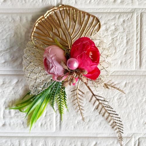 ADIKALA Artificial 2 Peonies Golden Leaf Flower Bunch for Hamper, Flower Brooch Hamper for Decoration, Gifting, Trousseau Packing | Flower Bunch (6, Rani) - Image 3