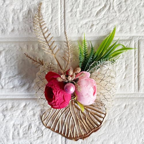 ADIKALA Artificial 2 Peonies Golden Leaf Flower Bunch for Hamper, Flower Brooch Hamper for Decoration, Gifting, Trousseau Packing | Flower Bunch (6, Rani) - Image 2