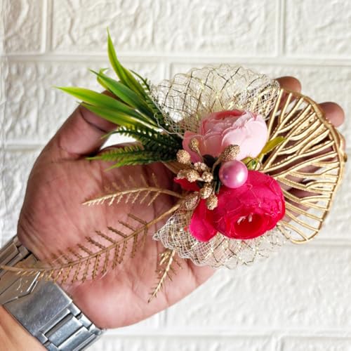 ADIKALA Artificial 2 Peonies Golden Leaf Flower Bunch for Hamper, Flower Brooch Hamper for Decoration, Gifting, Trousseau Packing | Flower Bunch (6, Rani) - Image 4