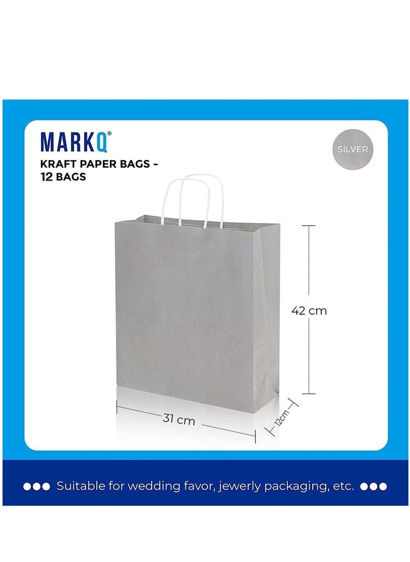 MARKQ أكياس ورق فضية بمقابض مقاس 42 × 31 × 12 سم حقائب هدايا كبيرة من كرافت لحفلات أعياد الميلاد والحلوى وحفلات الزفاف والبضائع وعيد الميلاد (12 كيسًا)  - Image 2
