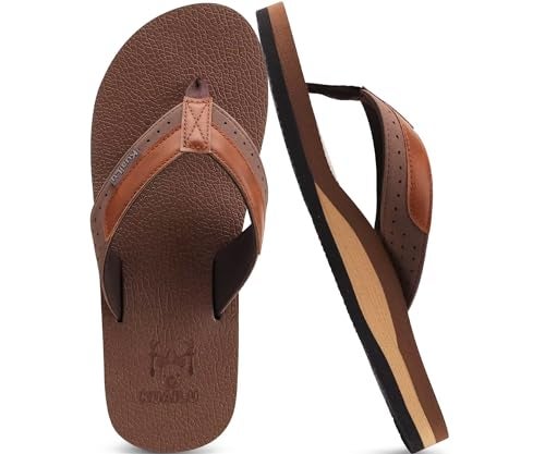 KuaiLu Men's Leather Flip Flops Arch Support Summer Beach Pool Water Thong Sandals Waterproof Rubber Walking Shoes Slip on Orthotic Casual Sport Cushioned Wide Slides Shower Slippers Brown Size 8.5 - Image 1