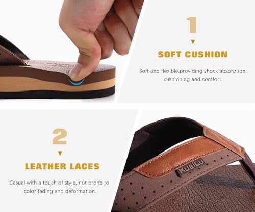 KuaiLu Men's Leather Flip Flops Arch Support Summer Beach Pool Water Thong Sandals Waterproof Rubber Walking Shoes Slip on Orthotic Casual Sport Cushioned Wide Slides Shower Slippers Brown Size 8.5 - Image 5