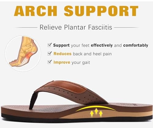 KuaiLu Men's Leather Flip Flops Arch Support Summer Beach Pool Water Thong Sandals Waterproof Rubber Walking Shoes Slip on Orthotic Casual Sport Cushioned Wide Slides Shower Slippers Brown Size 8.5 - Image 4