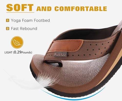 KuaiLu Men's Leather Flip Flops Arch Support Summer Beach Pool Water Thong Sandals Waterproof Rubber Walking Shoes Slip on Orthotic Casual Sport Cushioned Wide Slides Shower Slippers Brown Size 8.5 - Image 3