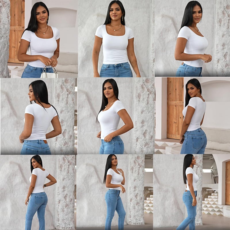 Dwnval Womens Summer Sexy Square Neck Tops Double Lined Short Sleeve Shirts Slim Fit Crop Top(Navy Blue, S) - Image 4