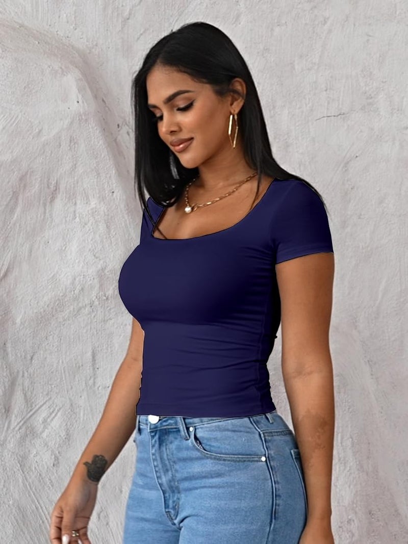 Dwnval Womens Summer Sexy Square Neck Tops Double Lined Short Sleeve Shirts Slim Fit Crop Top(Navy Blue, S) - Image 3