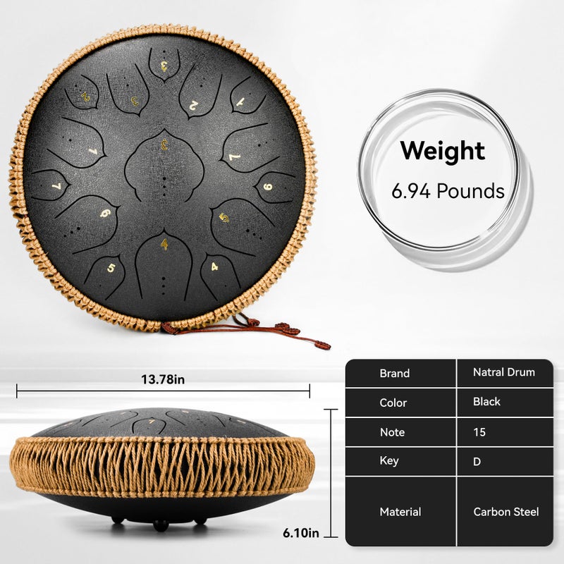 natraldrum Steel Tongue Drum - 15 Notes Steel Drum - 14 Inch Handpan Drum Instrument with Music Book,Tongue Drums Instrument Mallets and Carry Bag, D Major Black - Image 4