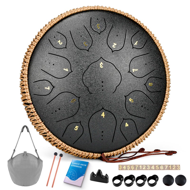 natraldrum Steel Tongue Drum - 15 Notes Steel Drum - 14 Inch Handpan Drum Instrument with Music Book,Tongue Drums Instrument Mallets and Carry Bag, D Major Black - Image 1