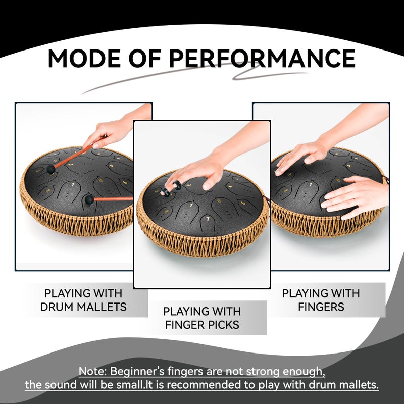 natraldrum Steel Tongue Drum - 15 Notes Steel Drum - 14 Inch Handpan Drum Instrument with Music Book,Tongue Drums Instrument Mallets and Carry Bag, D Major Black - Image 5