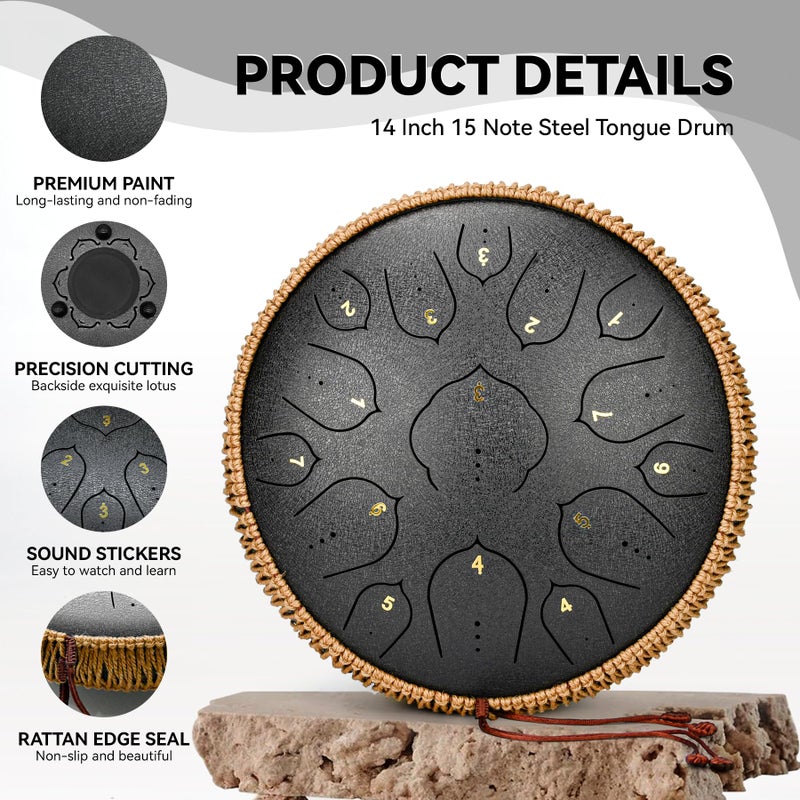 natraldrum Steel Tongue Drum - 15 Notes Steel Drum - 14 Inch Handpan Drum Instrument with Music Book,Tongue Drums Instrument Mallets and Carry Bag, D Major Black - Image 3