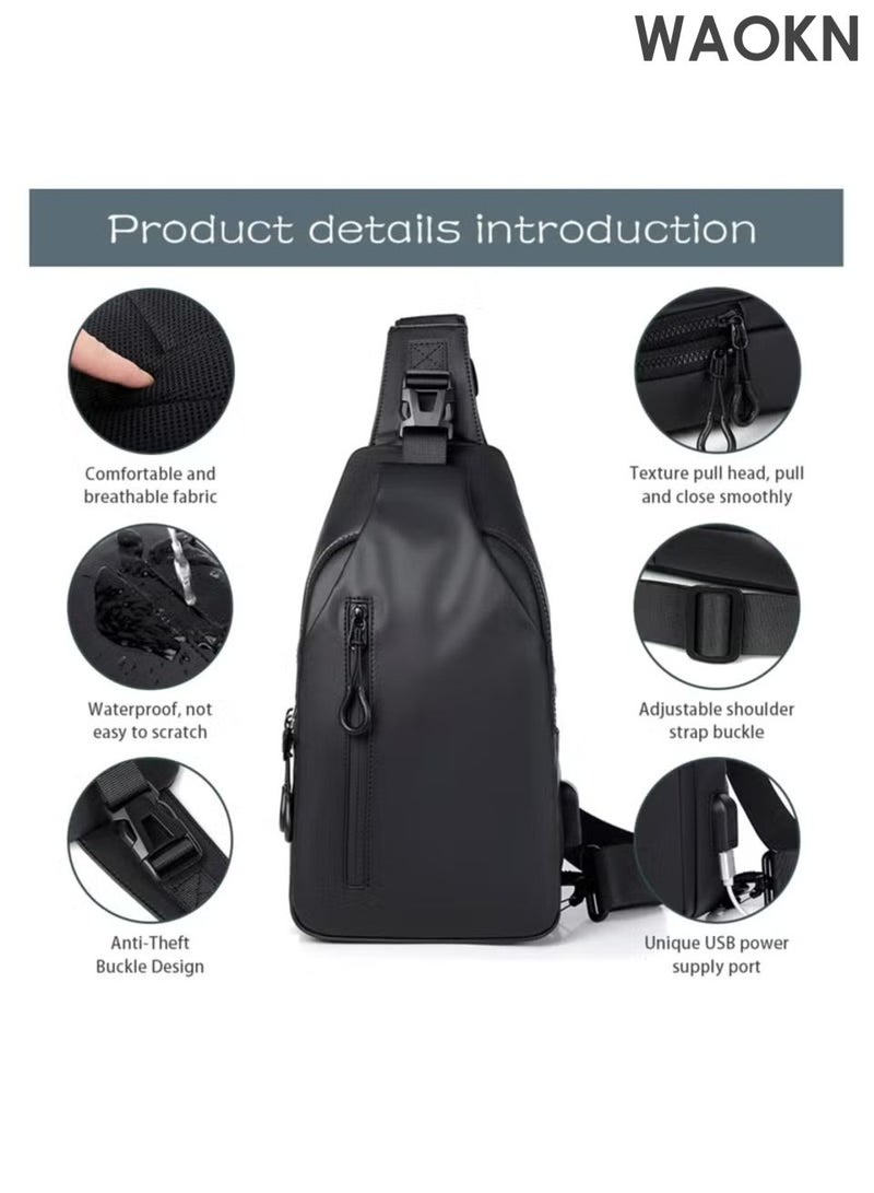 WAOKN Small crossbody bag, lightweight crossbody bag with charger port, unisex crossbody bag, waterproof shoulder bag, can be carried on one shoulder diagonally across the chest, multi-purpose waterproof crossbody bag (black). - Image 2