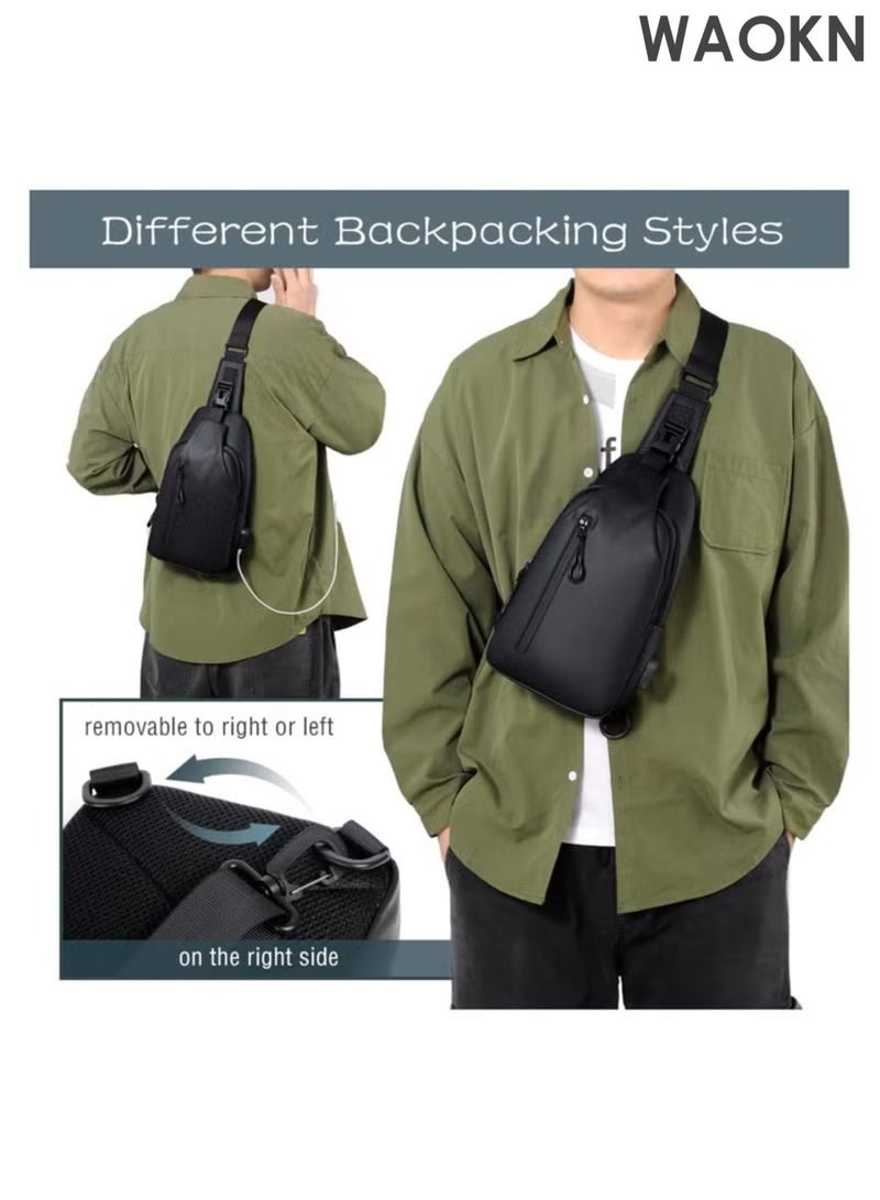 WAOKN Small crossbody bag, lightweight crossbody bag with charger port, unisex crossbody bag, waterproof shoulder bag, can be carried on one shoulder diagonally across the chest, multi-purpose waterproof crossbody bag (black). - Image 4