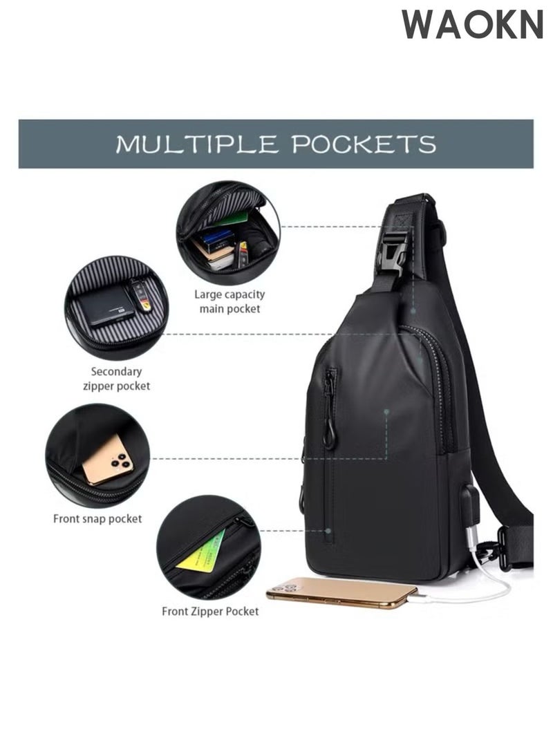 WAOKN Small crossbody bag, lightweight crossbody bag with charger port, unisex crossbody bag, waterproof shoulder bag, can be carried on one shoulder diagonally across the chest, multi-purpose waterproof crossbody bag (black). - Image 5