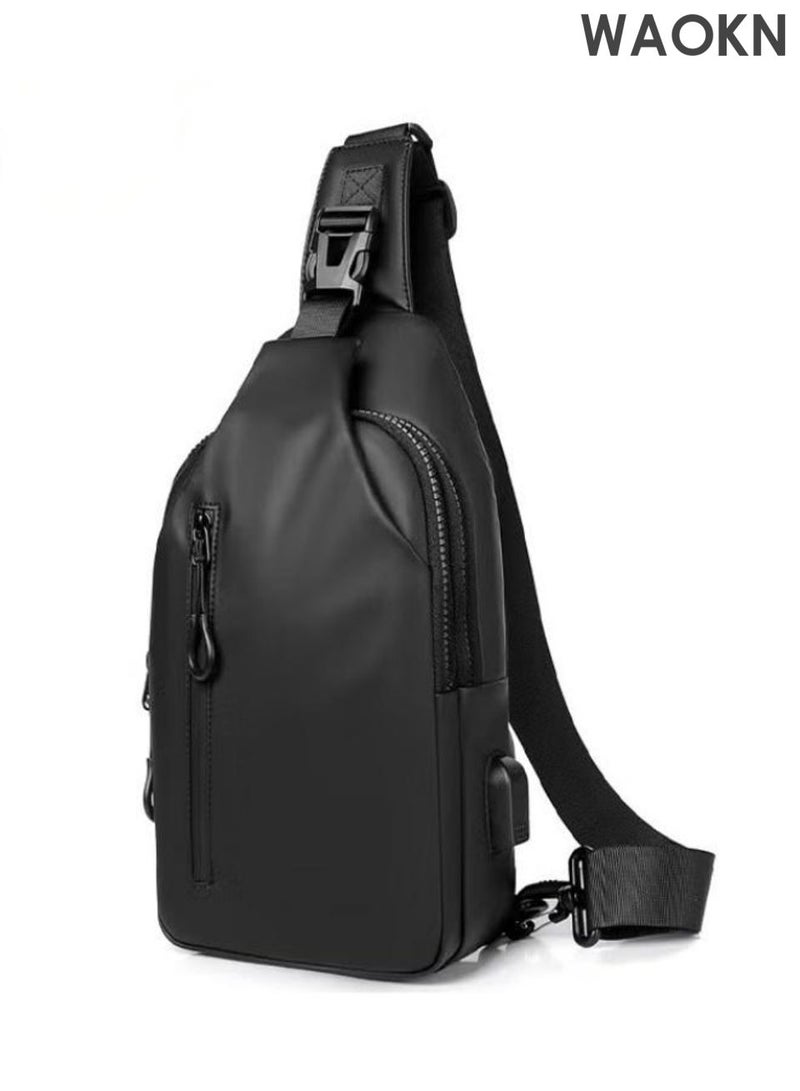 WAOKN Small crossbody bag, lightweight crossbody bag with charger port, unisex crossbody bag, waterproof shoulder bag, can be carried on one shoulder diagonally across the chest, multi-purpose waterproof crossbody bag (black). - Image 1