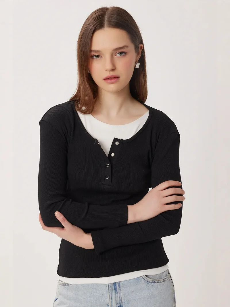 Happiness İstanbul ISTANBUL Slim Fit Ribbed Button-Up Long Sleeve Blouse
