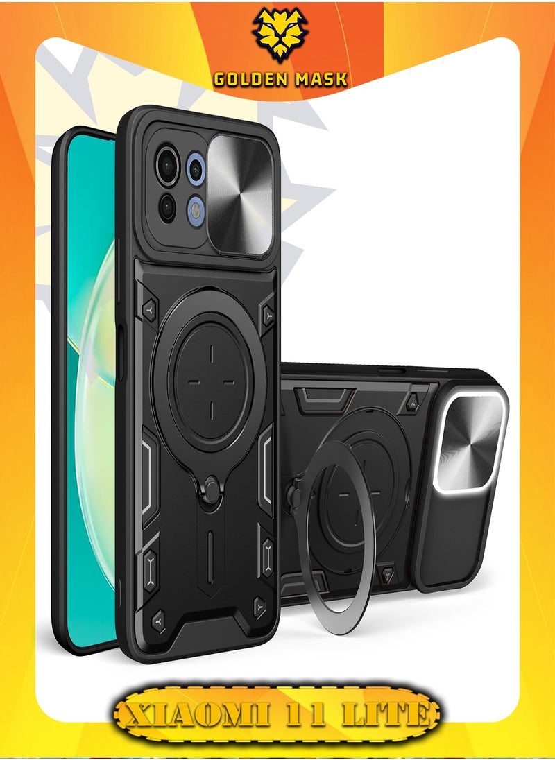 جولدن ماسك جولدن ماسك لهاتف شاومى 11 لايت/11 لايت 5جى/11 لايت 5جى ان اي (Xiaomi 11 Lite/11 Lite 5G/11 Lite 5G NE ) جراب حماية مع باب جرار لحماية عدسة  الكاميرا المدرعة مدمج بزاوية 360 درجة - (اسود) 