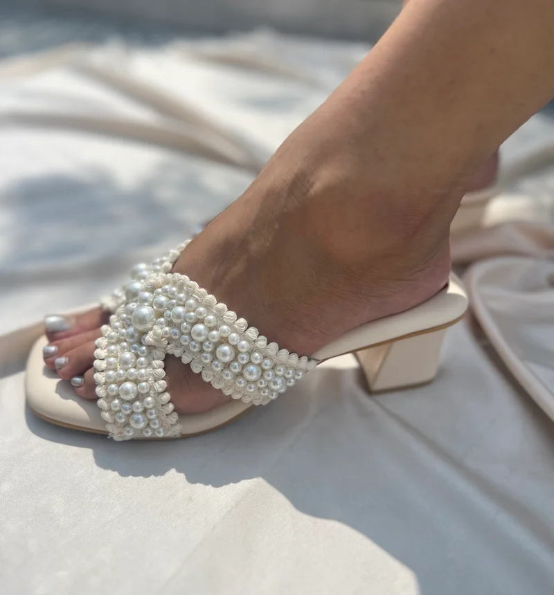 Sandal Stories Ivory White Pearl Bloom Heels for Women