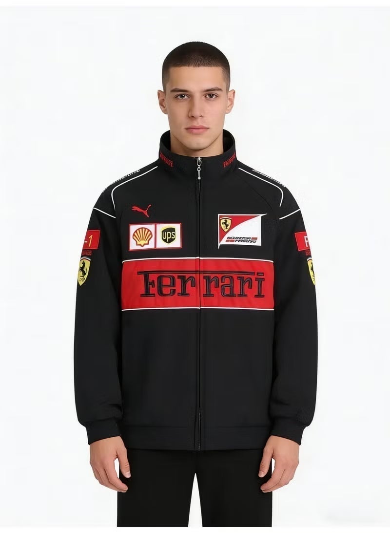 F1 Ferrari x PUMA F1 Racing Jacket - Shell/UPS Sponsor Badges, Black/Red Color Block, Embroidered Logo, Full-Zip Design, Unisex Motorsport Streetwear Coat - Image 2