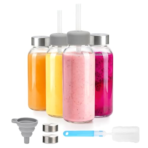 Zukro 12 oz Glass Juice Bottles with Lids & Straw, Airtight & Leak proof, Reusable Clear Small Bottle With Stainless Steel Cap for Juicing, Water, Smoothie & Milk, Dishwasher Safe & BPA Free, 4 Pack - Image 1