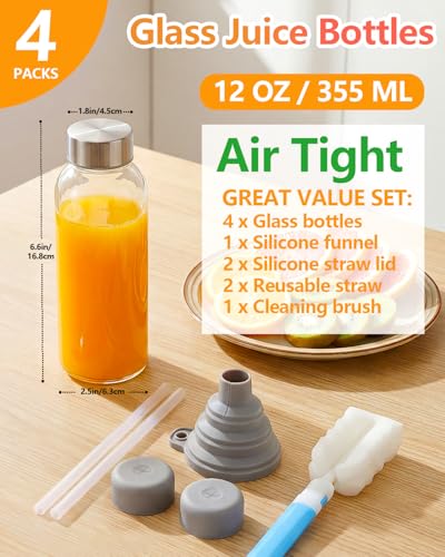 Zukro 12 oz Glass Juice Bottles with Lids & Straw, Airtight & Leak proof, Reusable Clear Small Bottle With Stainless Steel Cap for Juicing, Water, Smoothie & Milk, Dishwasher Safe & BPA Free, 4 Pack - Image 2