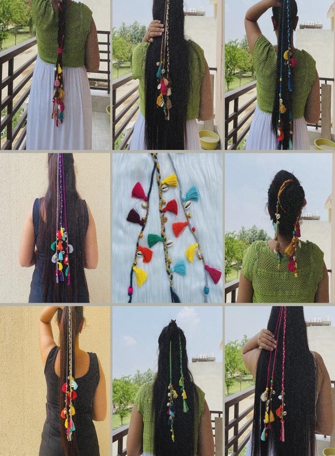 Zippy Flora Boho Handmade Colorful Hair Strings for Navratri/Ethnic Look/Bohemian Styling, Colorful Braided Hairband, Thread Hair Accessories & Extensions (Full Length (20-22inch), Green) - Image 4