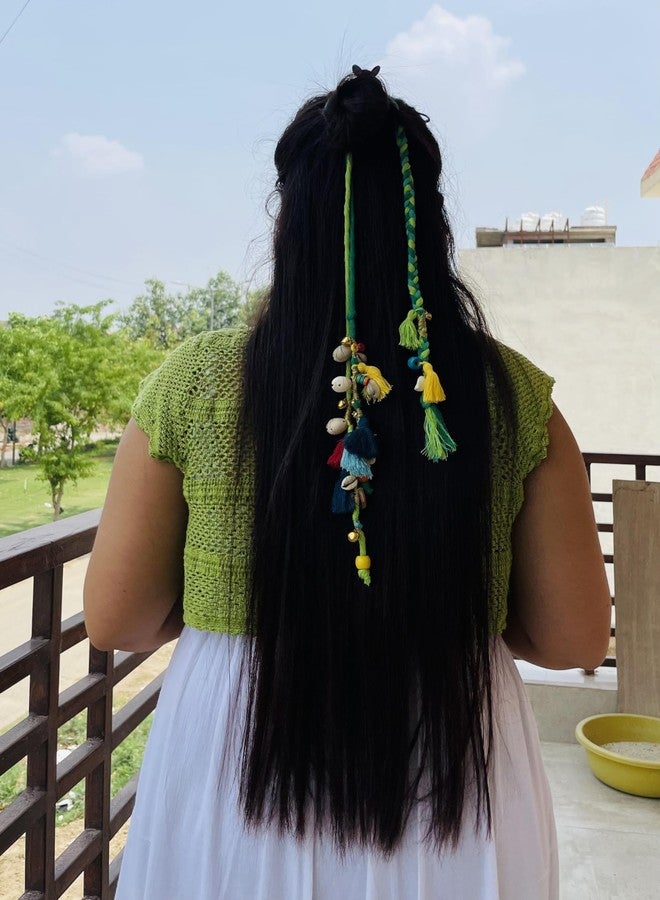 Zippy Flora Boho Handmade Colorful Hair Strings for Navratri/Ethnic Look/Bohemian Styling, Colorful Braided Hairband, Thread Hair Accessories & Extensions (Full Length (20-22inch), Green) - Image 1