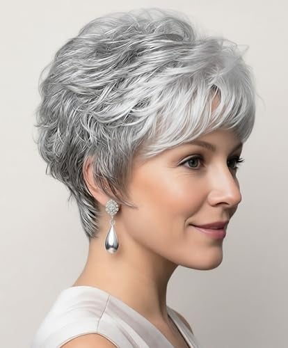 SEVENCOLORS Short Grey Wigs for White Women Pixie Cut Gray Wigs with Bangs Natural Curly Synthetic Hair Short Mixed White Wig for Older Women - Image 1