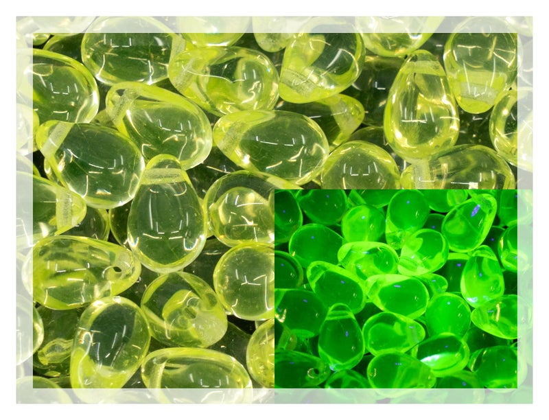 Bohemia Crystal Valley Czech 50-Piece Glass Beads, 6x9mm, Teardrop Transparent Yellow Uranium Glass (Glows Under UV) - Image 1