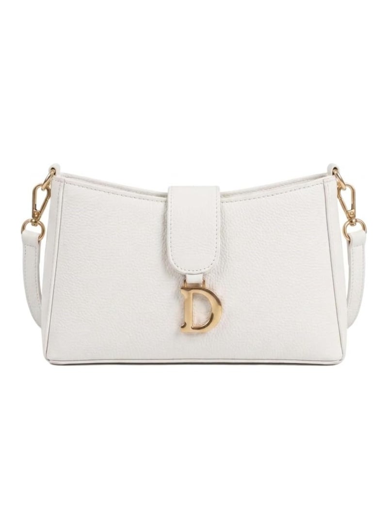 Women's Crossbody Bag,PU Leather, Gold D Buckle Closure, Fashion Small Shoulder Bag (White)