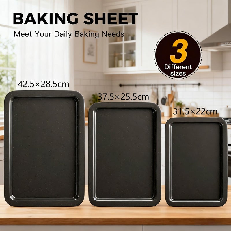 jjojcll Carbon Steel Baking Sheet Pan Set, Cookie Sheet for Oven, Bakeware Sets with Wider Grips, 3 Pack Baking Tray, Premium, Dishwasher Safe - Dark Grey - Image 3