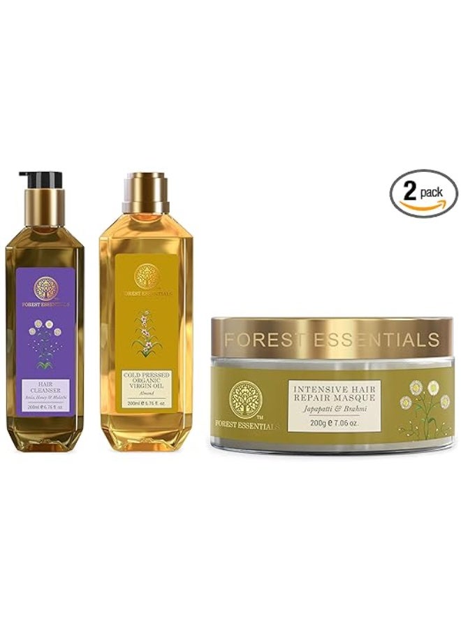 Forest Essentials Organic Cold Pressed  Oil Almond 200ml & Hair Cleanser Amla, Honey & Mulethi 200ml (Shampoo) & Intensive Hair Repair Masque Japapatti & Brahmi 200g (Hair Mask) - Image 1